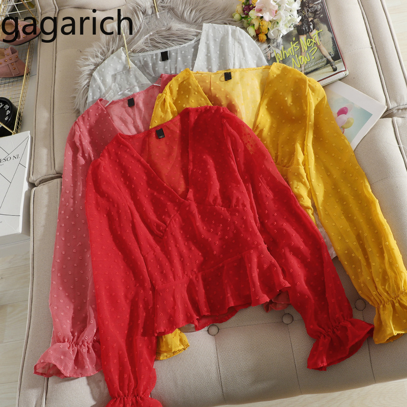 

Gagarich Women Elegant Solid Tops Ladies Blouses Spring Summer Fairy V Neck Slim Waist Flounce-hem Short Chiffon Shirts Chic, Black