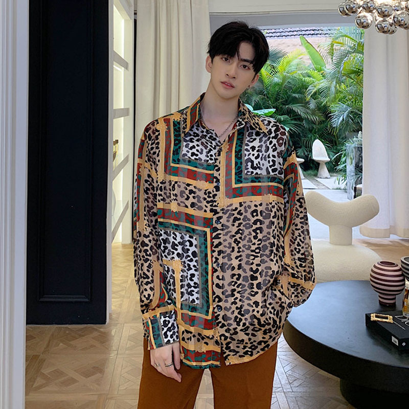 

Male Vintage Fashion Streetwear Shirt Men Leopard Print Translucent Long Sleeve Casual Thin Shirt, W825