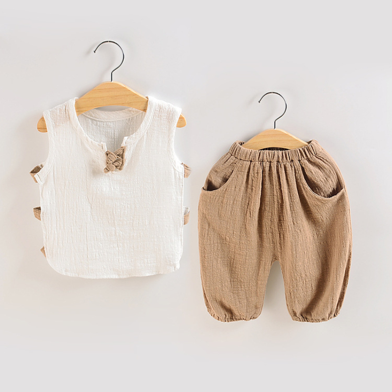 

2020 children boys clothing sets summer casual fashion linen pleated 1-4year baby girls&boys sports costume kids clothing sets, T1002khaki