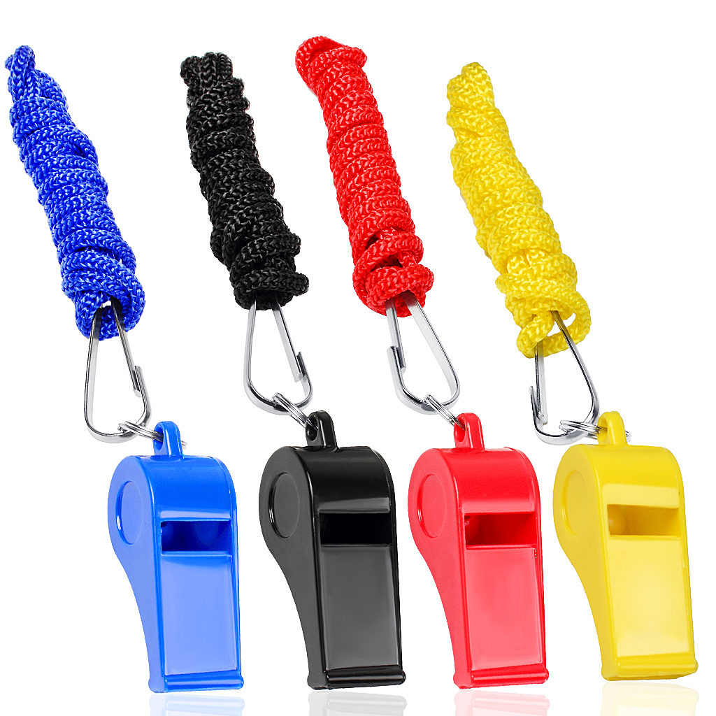 

Plastic Whistles With Lanyard 4 Packs Set For Coach Referee Sports Match Survival Emergency 4 Colors Black Blue Yellow Red