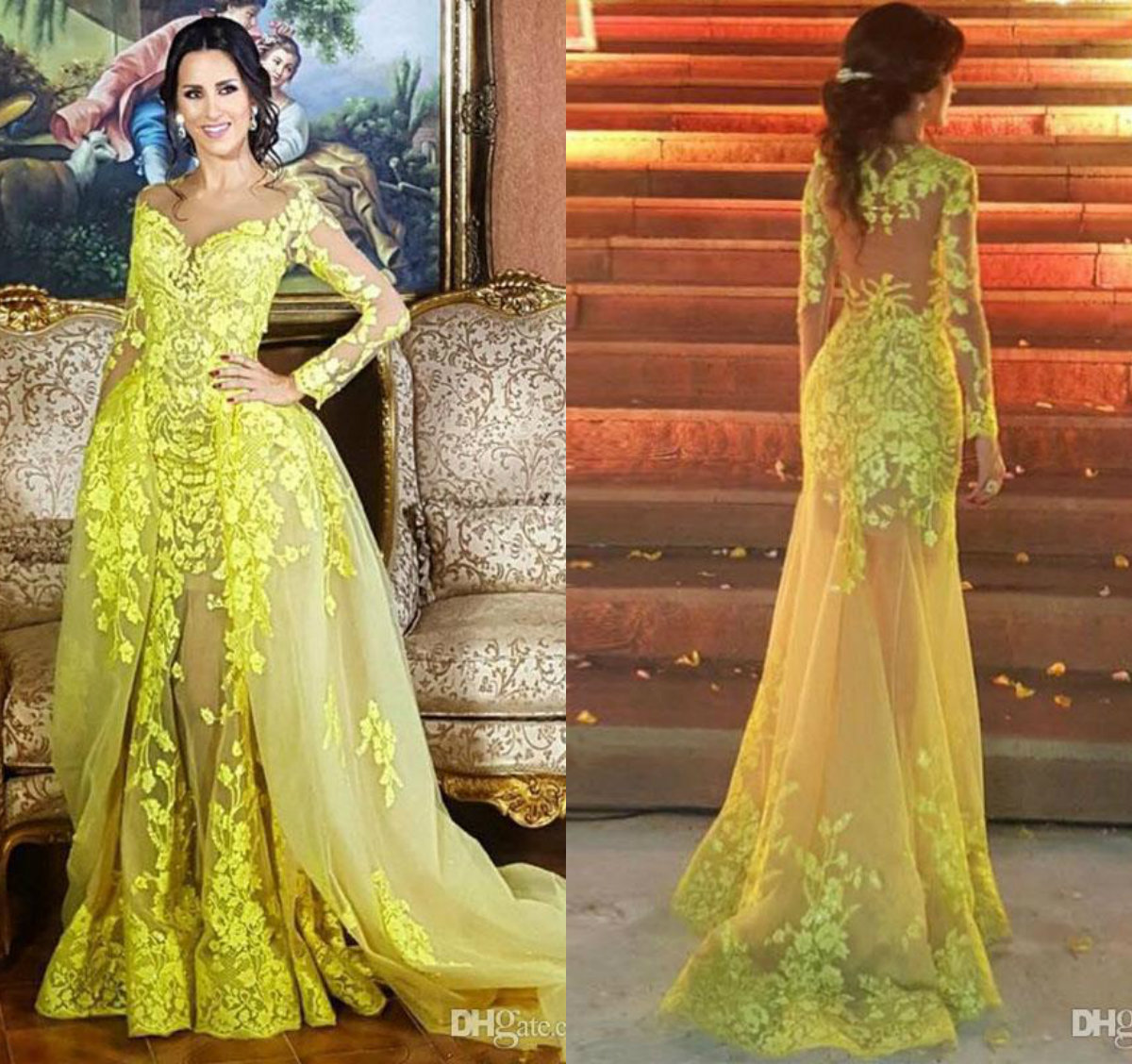 

Yellow Prom Dresses With Detachable Train Lace Appliques 2019 Abric Dubai Mermaid Evening Gowns Off The Shoulder Long Modest Special Dress, Same as picture