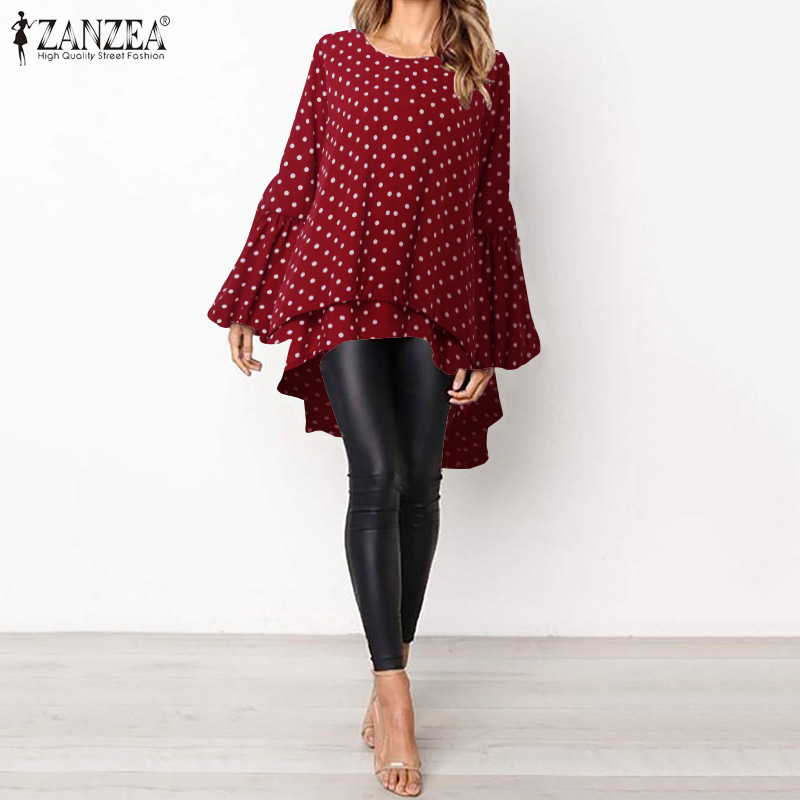 

5XL ZANZEA Spring Lantern Sleeve Blouse Fashion Asymmetrical High Low Ruffles Shirt Women Polka Dot Printed Tunic Tops Female, Black