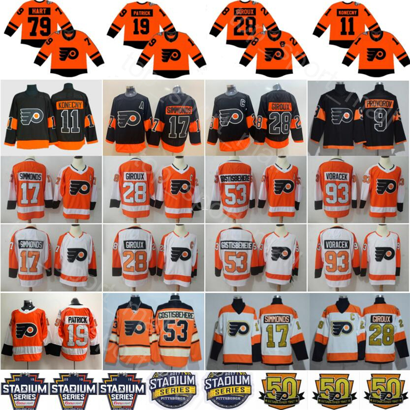 

2019 Stadium Series Philadelphia Flyers 79 Carter Hart Jersey Nolan Patrick Ivan Provorov Travis Konecny Claude Giroux Hockey Men Kids Women, Women white