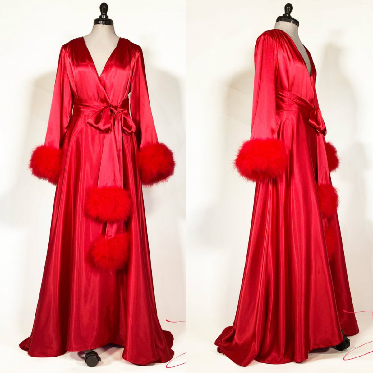 

Red Fur Women Sleepwear Bathrobe Long Tulle Kimono Dressing Gown Babydoll Belt Lingerie Bath Robe Luxury Pants Suit