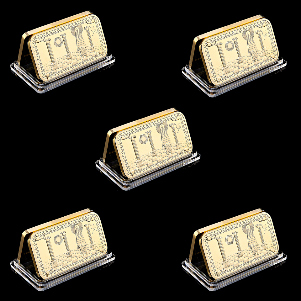 5pcs Freemason Souvenir Coins Collectibles Metal Craft US Masonic Gold Bar 999 Clad Buillion-image-525517649