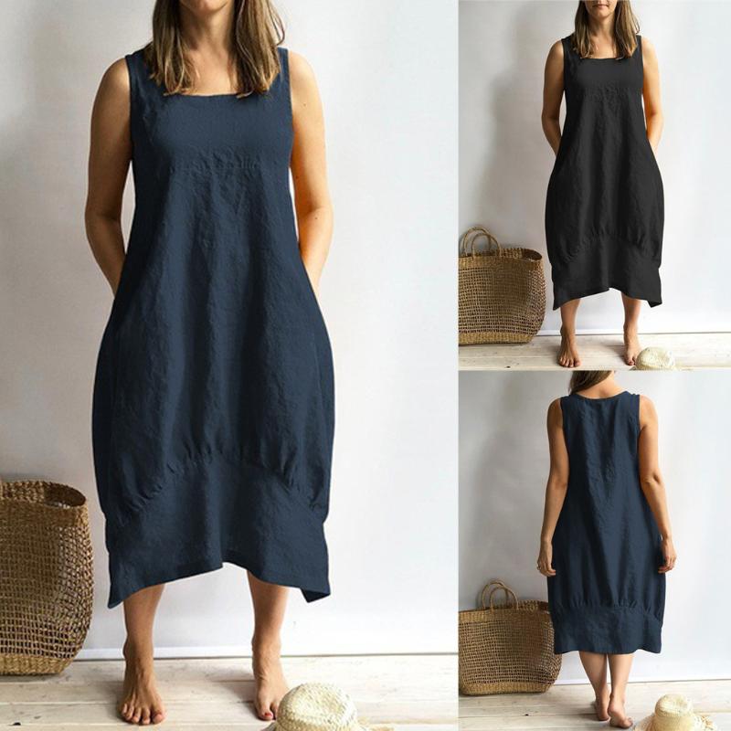 

Dress 2020Top Women Casual O-neckline Solid Dress Sleeveless Loose Pocket Linen, Black