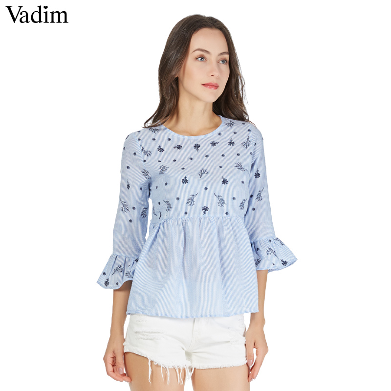 

Vadim sweet ruffled floral embroidery striped pleated shirts long bell sleeve cute O neck blouse ladies casual brand tops blusas, As picture