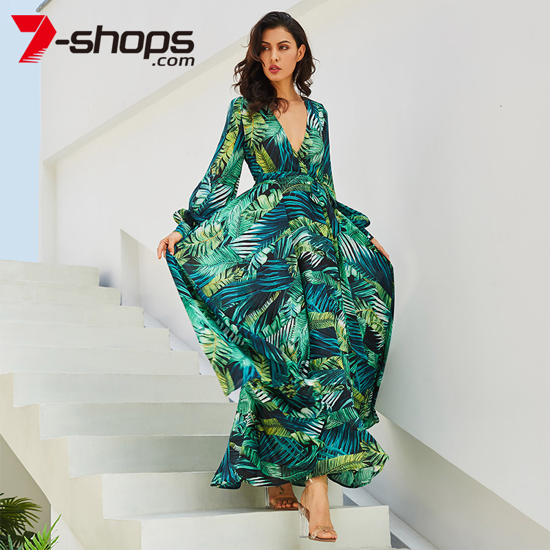 

2019 Long Sleeve Maxi Dress Women Deep V Neck Party Dress Lace-Up Sexy Ladies Boho Beach Long Dresses Plus Size Sundress LY191114, Green