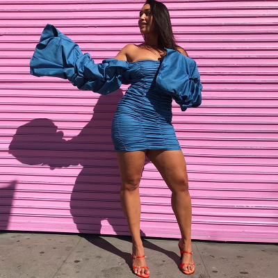 

Womens Fashion Slim Dress Summer One-shoulder Pleated Hip dress Women Party Popular Dresses Club & Party Queen Solid Color Skirts 2020 Hot, White