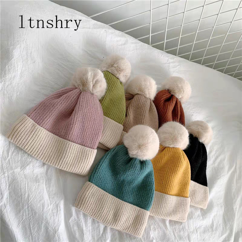 

2020 new Women Winter Bonnet Soft Thick Fleece Lined Dual Layer Knitted Beanie With Faux Fur Pom Pom Hats Fashion Outdoor Sports