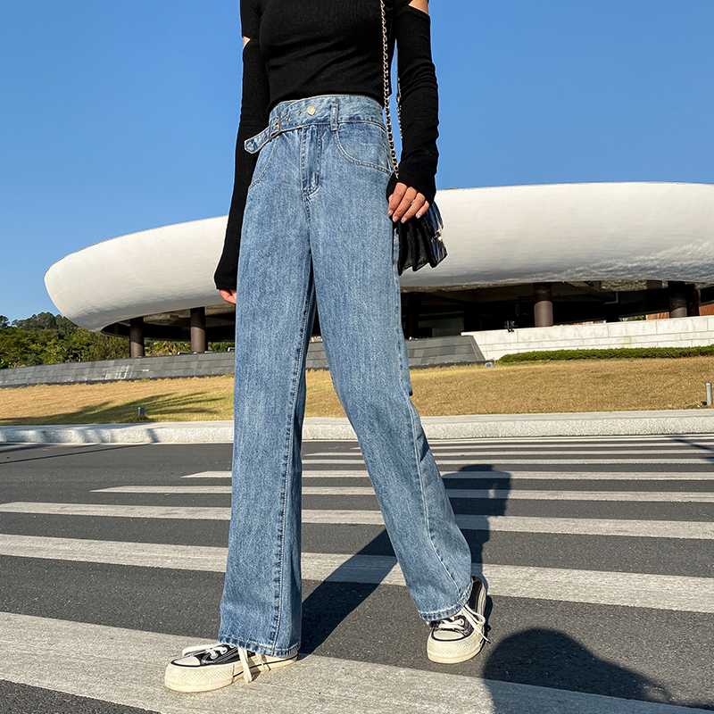 

High Waist Wide Leg Straight Loose Long Jeans for Women Tall  M L XL, Blue