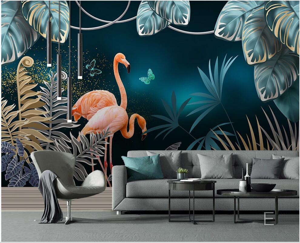 

3d wallpaper custom photo European creative hand painted tropical plant leaves couple flamingo home decor wall paper for walls 3 d, Non-woven