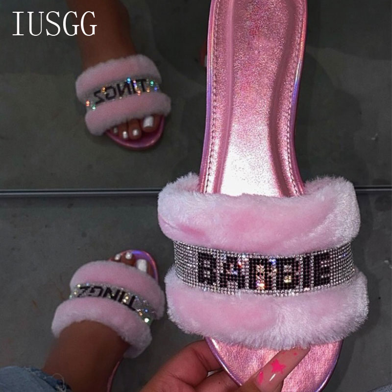 

Fleece Fur Slippers Women Rhinestones Plush Slipper Sandals Warm Flat Fur Home Outdoor Slipper Shoes Flip Flop Flat with Interio, Pink