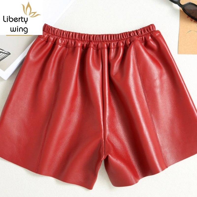 

Autumn Winter Red Woman Leather Quality Loose Korean Wide Leg Elastic High Waist Sheepskin Shorts Women Large Size, Black