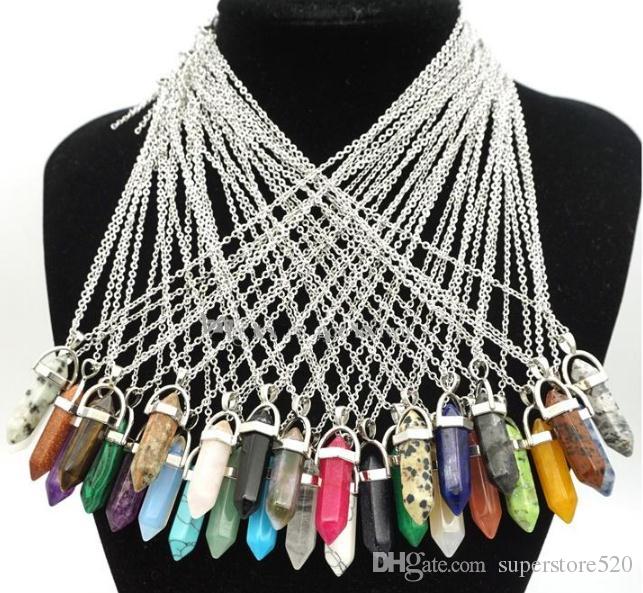 

50 styles Natural Stone Pendant Necklace Stainless Steel chain Bullet Hexagonal prism Black Lava Diffuser Jewelry