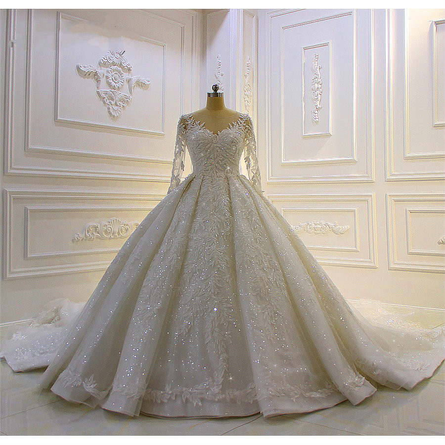 

Modest Long Sleeve 2020 Ball Gown Wedding Dresses Bridal Gowns Sheer Jewel Neck Lace Appliqued Sequins Plus Size Robe De Mariee Custom Made, Lavender