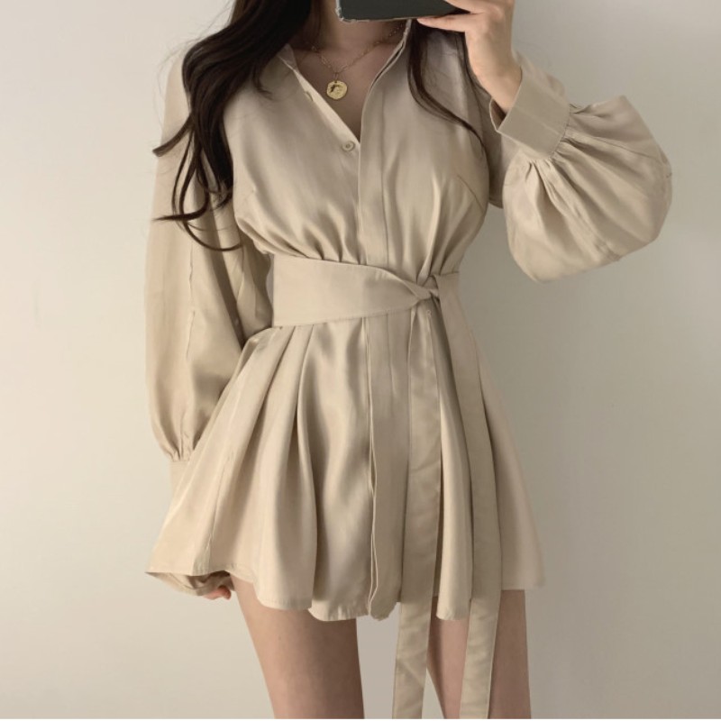 

Women Korean Beach Style Suits Long Sleeve Sashes Lacing Bow Blouses + Shorts Women 2 Piece Set Outfits, Picture color