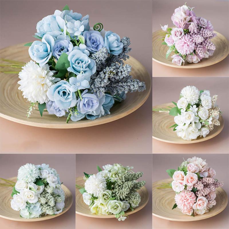 

13 heads/1 bundle Silk roses Bride bouquet for Christmas home wedding new Year decoration fake plants artificial flowers, Blue