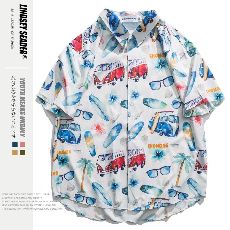 

Lindsey Seader 2020 Hip Hop Shirt Streetwear Glasses Bus Print Men Hawaiian Shirt Loose Harajuku Summer Beach Short Sleeve, White