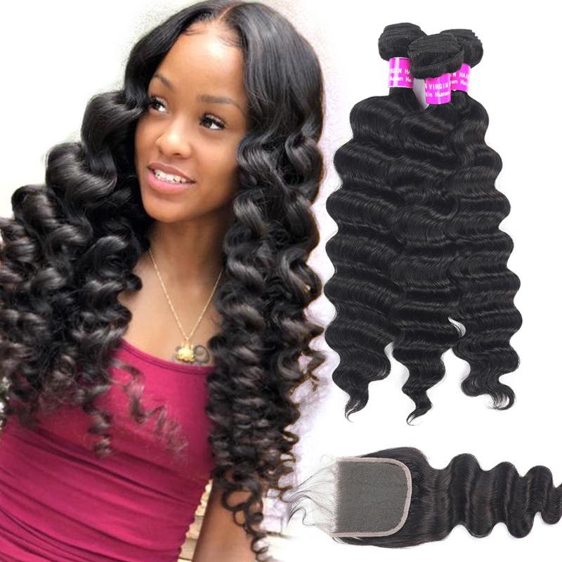 

9A Brazilian Virgin Hair 3 Bundles With 4X4 Lace Closure Body Wave Straight Kinky Deep Water Unprocessed Human Hair Weave With Lace Closure, Loose wave