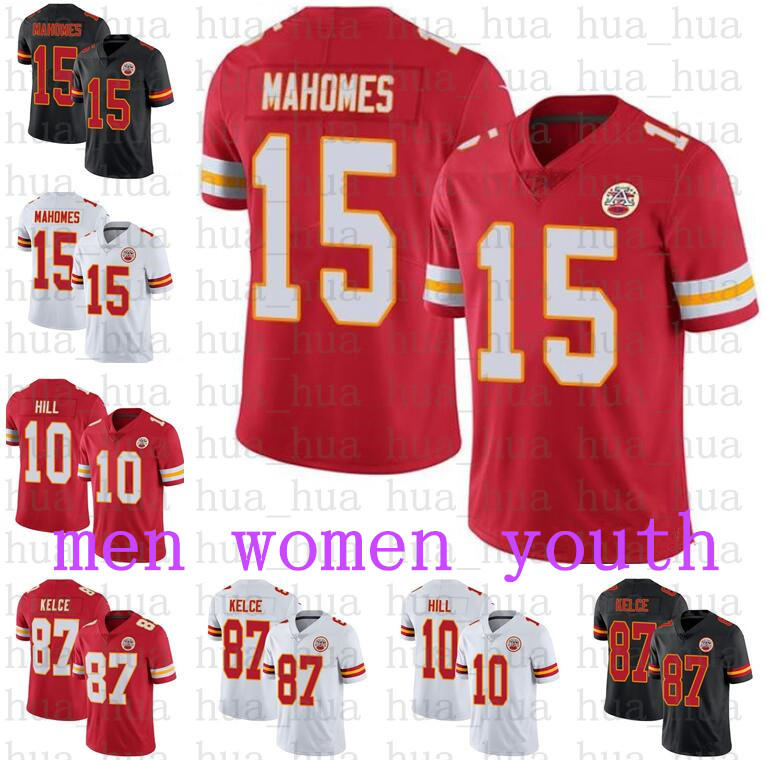 

Men Women Kansas City Youth Chief 15 Patrick Mahomes 87 Travis Kelce 10 Tyreek Hill Football Jerseys, Black