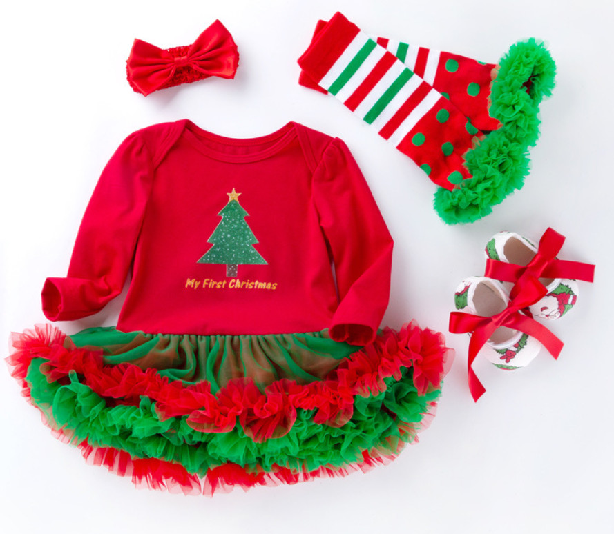 

Christmas Baby Girl Dress Kids Outfits 4pcs Shorts Sets Long Sleeve Romper Dress +Shoes+Support Hosiery+Headband Tracksuit Designer Clothe, Refer to picture number