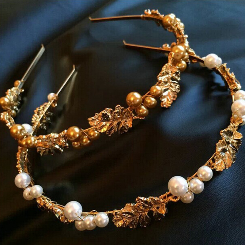 

New Brand Fashion Baroque Pearl Retro Metal Leaves Hairbands Crystal Alloy Hair Accessories Headbands For Women Hairband