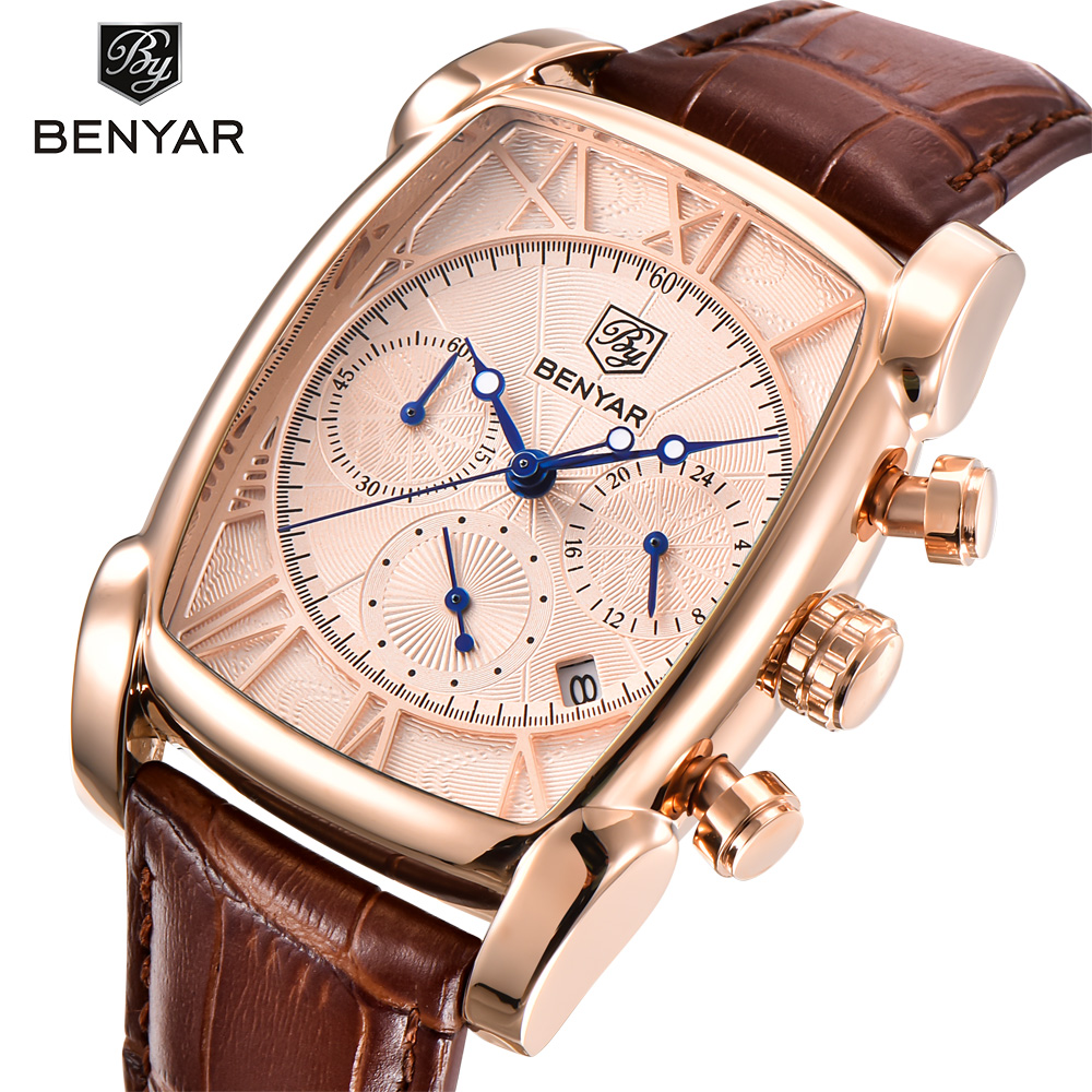 

BENYAR Luxury True six-pin Quartz Watch Classic Rectangle Case Sports Chronograph Men's Watches Rose Gold erkek kol saati, Khaki