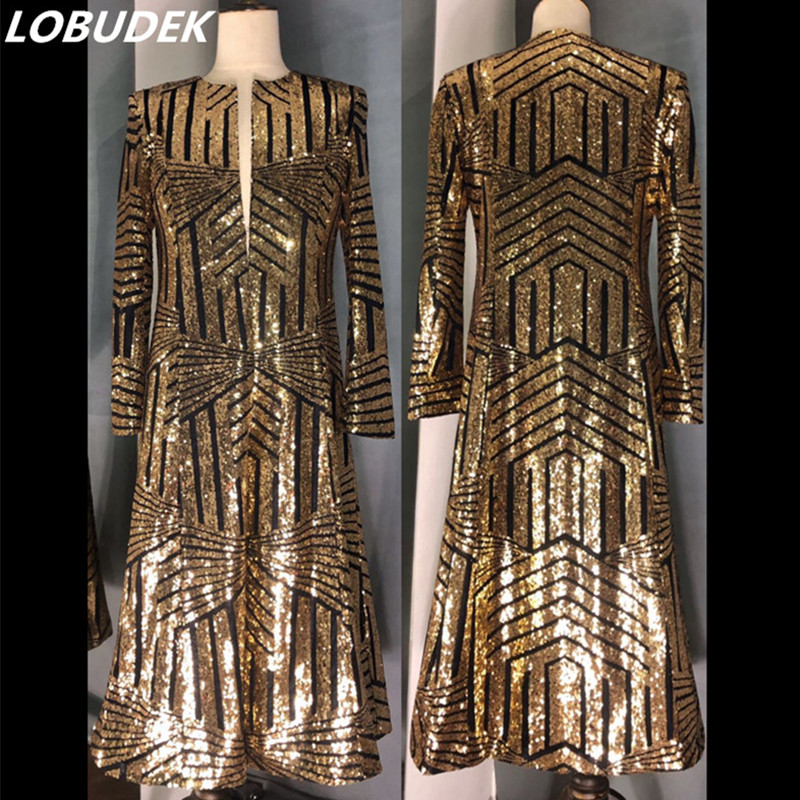 

Stage Trench Long Outerwear Gold Sequins Embroidery Long Coat Tide Male Punk Hip Hop Singer Sequined Overcoat Customized -4XL, As pic
