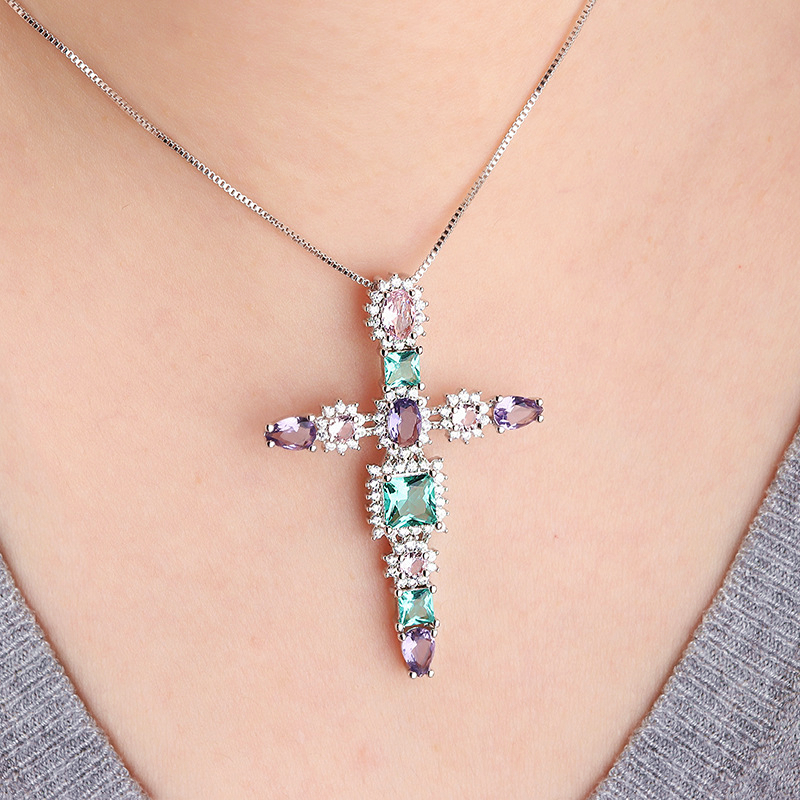 Whole Multicolor Cross Pendants Necklace Cubic Zirconia Stone Multicolor Cross Pendants Necklace Cubic Zirconia Stone For Women Fashion Clear Crystal Glass Party Trendy Jewelry New