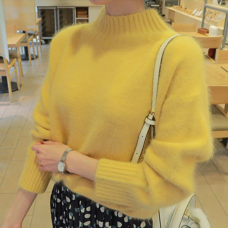 

High Quality Autumn Winter Women Sweater 2019 Fashion Yellow Stand Collar Mink Cashmere Knitted Long Sleeve Ladies Pullovers, Lavender