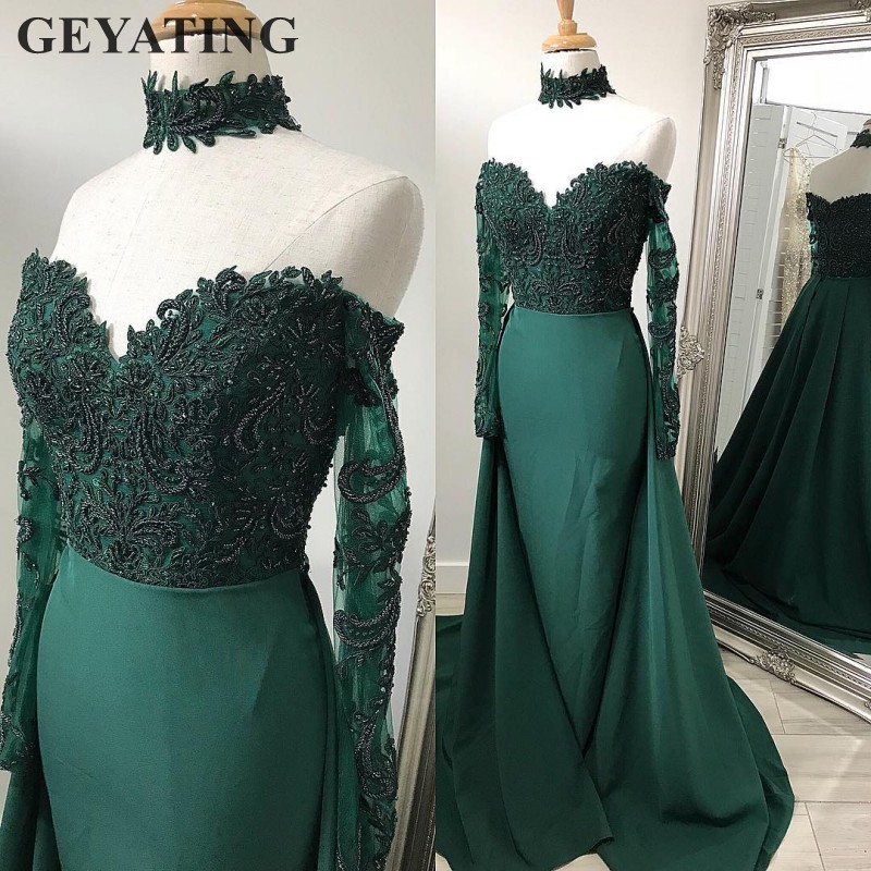 

Party Dresses Emerald Green Lace Long Sleeves Mermaid Evening Dress With Detachable Skirt Off Shoulder Arabic Elegant Formal Prom, Beige