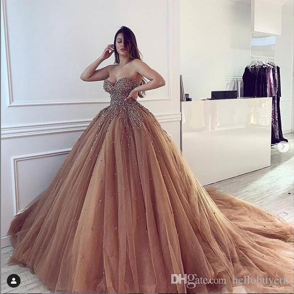 

2019 New Ball Gown Sweetheart Wedding Dresses Crystal Bling Long Train Full Beading Gothic Wedding Gowns South Africa vestidos de novia, Ivory