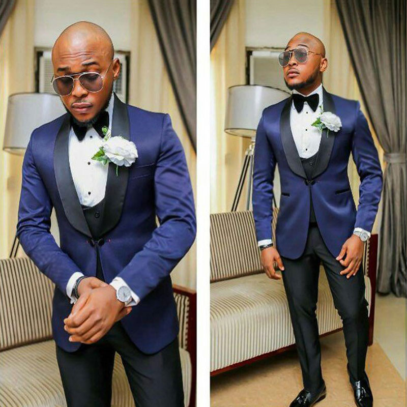 

Custom Made Men Suits for Wedding Groom Royal Blue Satin Tuxedo Groomsmen Jacket Black Shawl Lapel 3Piece Costume Homme Terno Masculino, Same as image