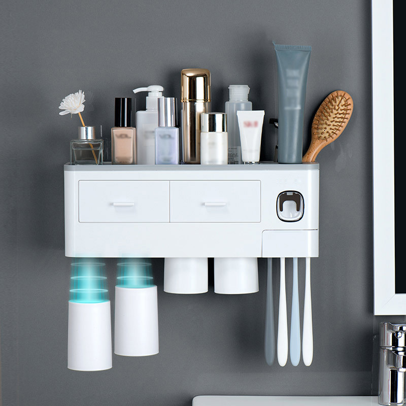 

Magnetic Adsorption Toothbrush Holder Automatic Toothpaste Dispenser With Cups Wall Mount Storage Rack Bathroom Accessories Set