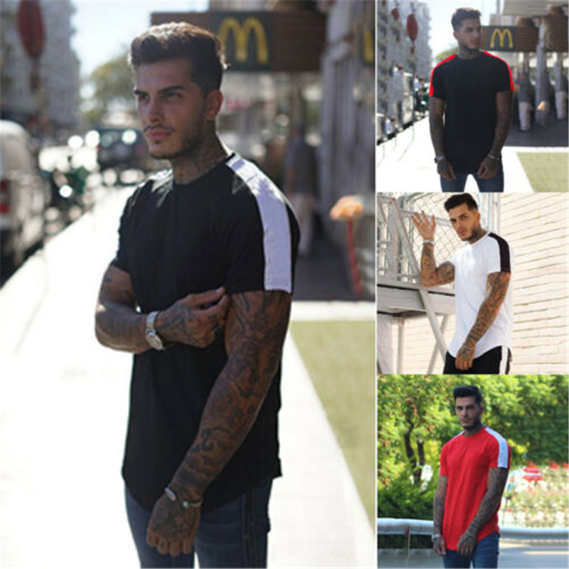 

New Men Running T-Shirts Loose Summer Stripe Patchwork Fitness Sports Wear Exercise Home Gym Sportswear Soft 2020, White