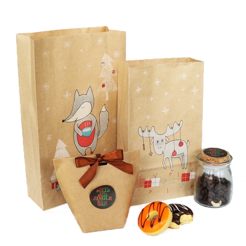 

12pcs/set Christmas Kraft Paper Bag Xmas Stickers Set Moose Gift Paper Bag Xmas Candy Cookies Packing Bags