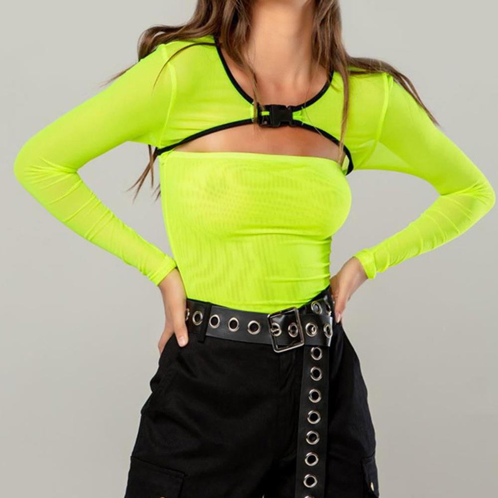 

Fluorescent Green Mesh Bodysuits Women High Street Sexy Long Sleeve Buckle Tee Shirts Ladies Fishnet Playsuits womens romper 25H, Turquoise