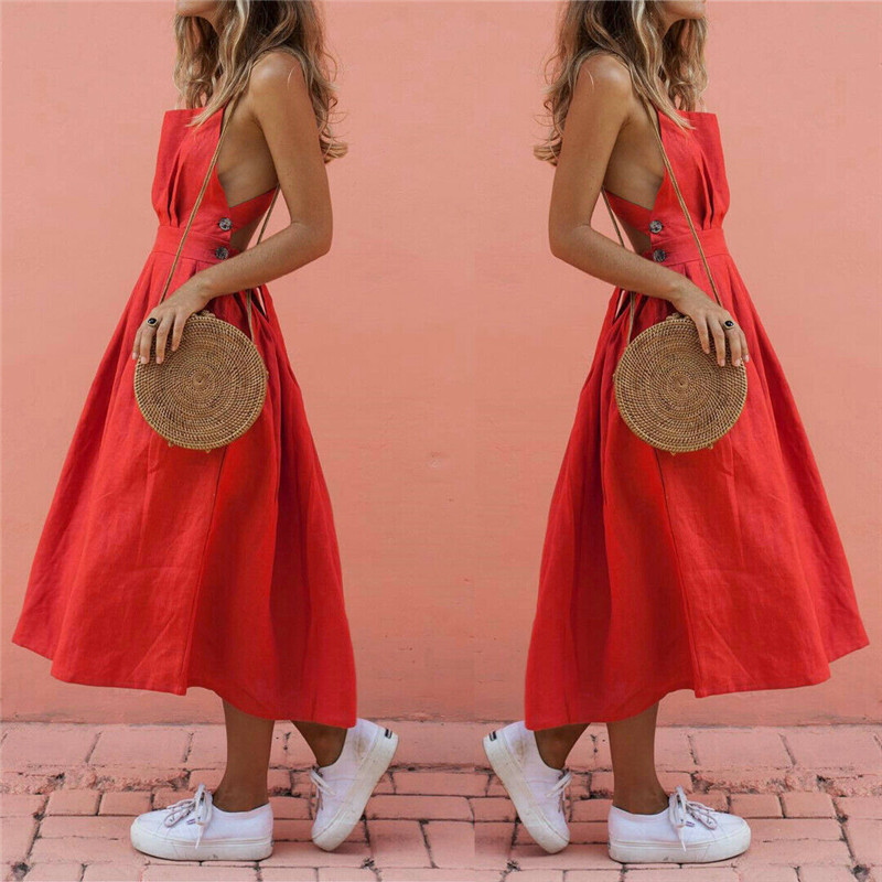 Femmes Summer Boho Strappy Longue Maxi Robe Sexy Dos Nu Parti Robe Rouge Beachwear Robe Robe Mujer Y200326