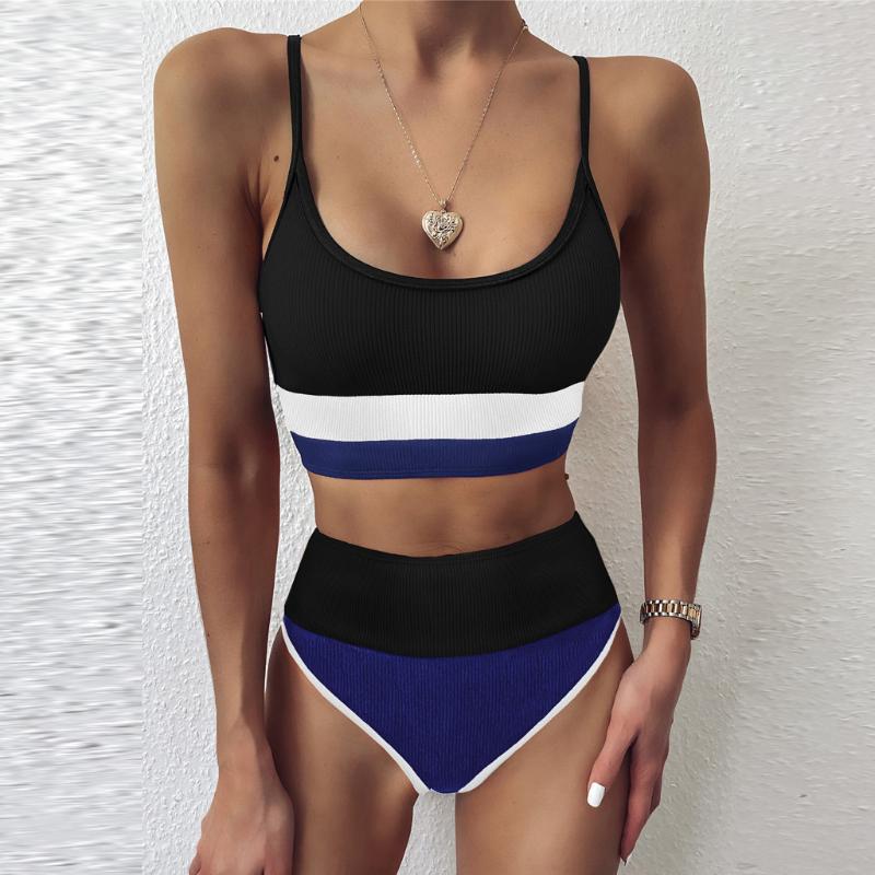 

Sexy Lingerie Women Underwear Striped Printed Biquini Set Push Up Bra High Waist Panties Summer Sports Underwear Biquini Bikini, Black