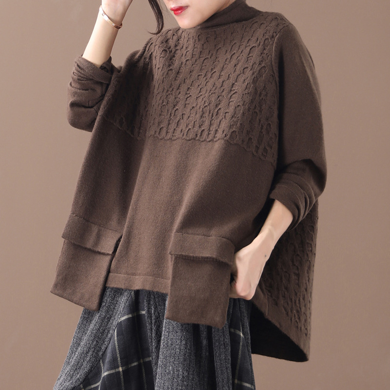 

Retro winter 2019 new loose large size literary three-dimensional pocket half-high collar bottoming sweater, Brown
