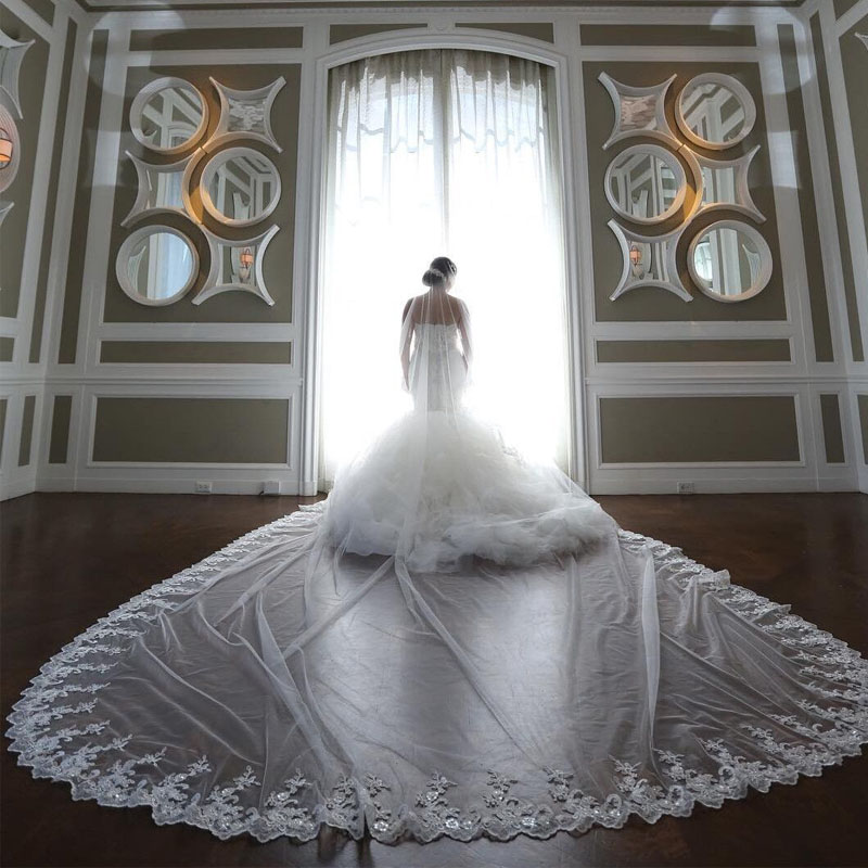 

2020 Customized Sequins Bridal Veils Appliques Lace Edge One Layer Blusher Veils Long Tulle Wedding Veils, Ivory