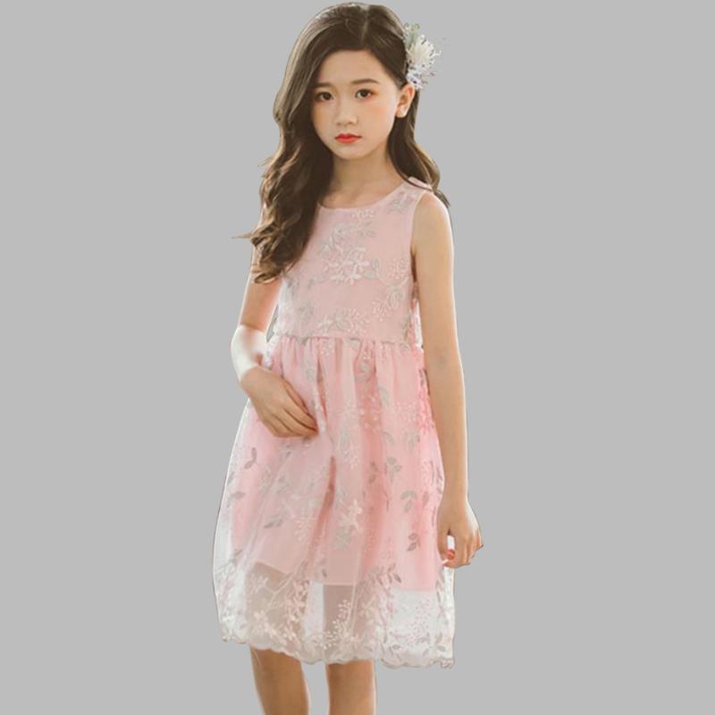 

Girls Dress Flower Embroidery Party Kids Dresses For Girls Sleeveless Mesh Dress For Kids Summer Lolita Princess, As picture