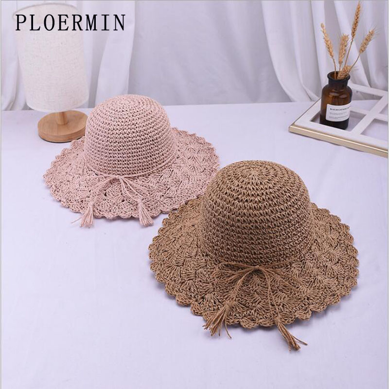 

Fashion Women Foldable Solid Beach Summer Sun Hats Bowknot Hand-Woven Crochet Straw Hat Vacation Chapeau Female Wide Brim Hats, Khaki