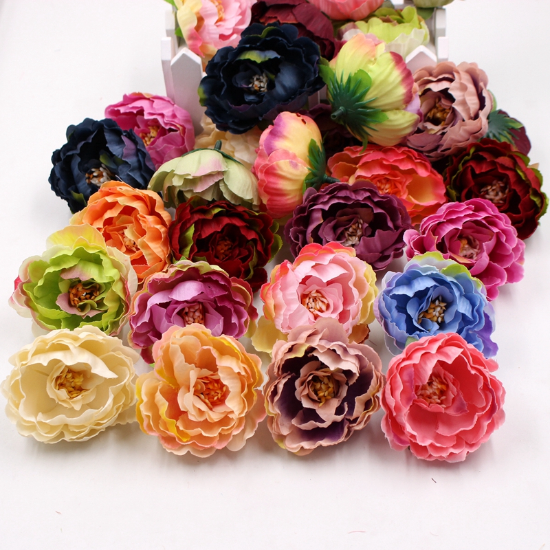 

5pcs 5cm high quality silk rose handmade peony flower head wedding home festive decoration diy wreath clip art fake flower, Blue