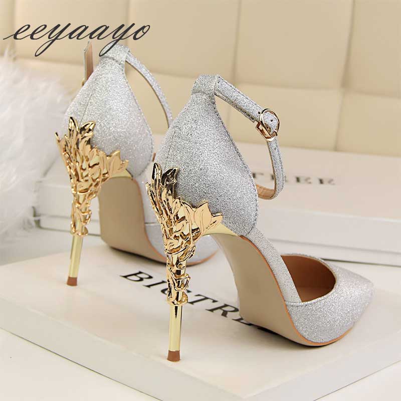 

2020 New Summer Women Ankle Strap Sandals High Thin Heel Pointed Toe Buckle Party Sexy Ladies Women Shoes Silver High Heels