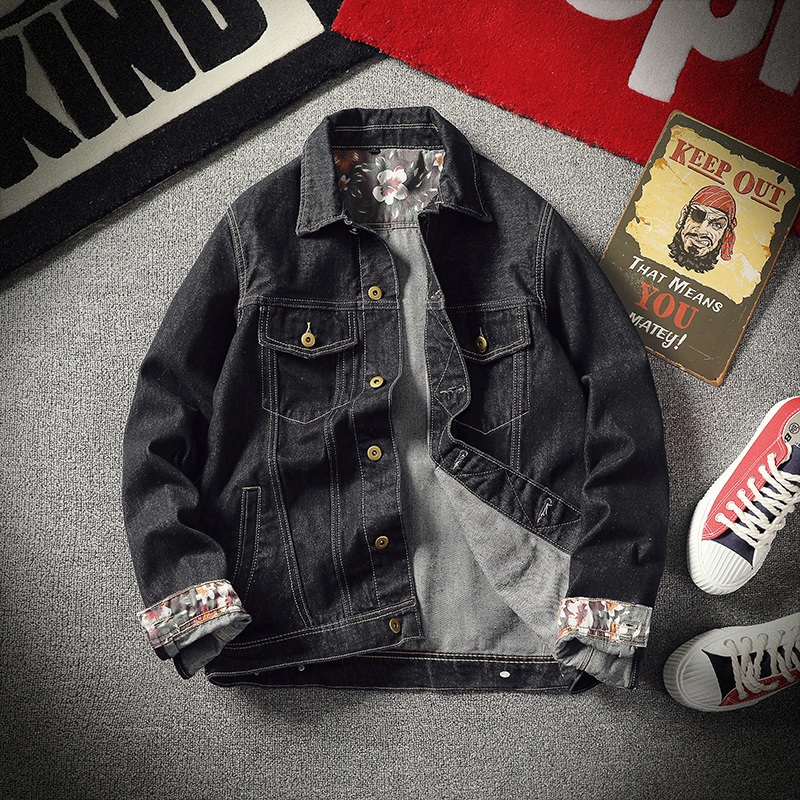 

2019 spring new denim jacket men's handsome black jacket denim