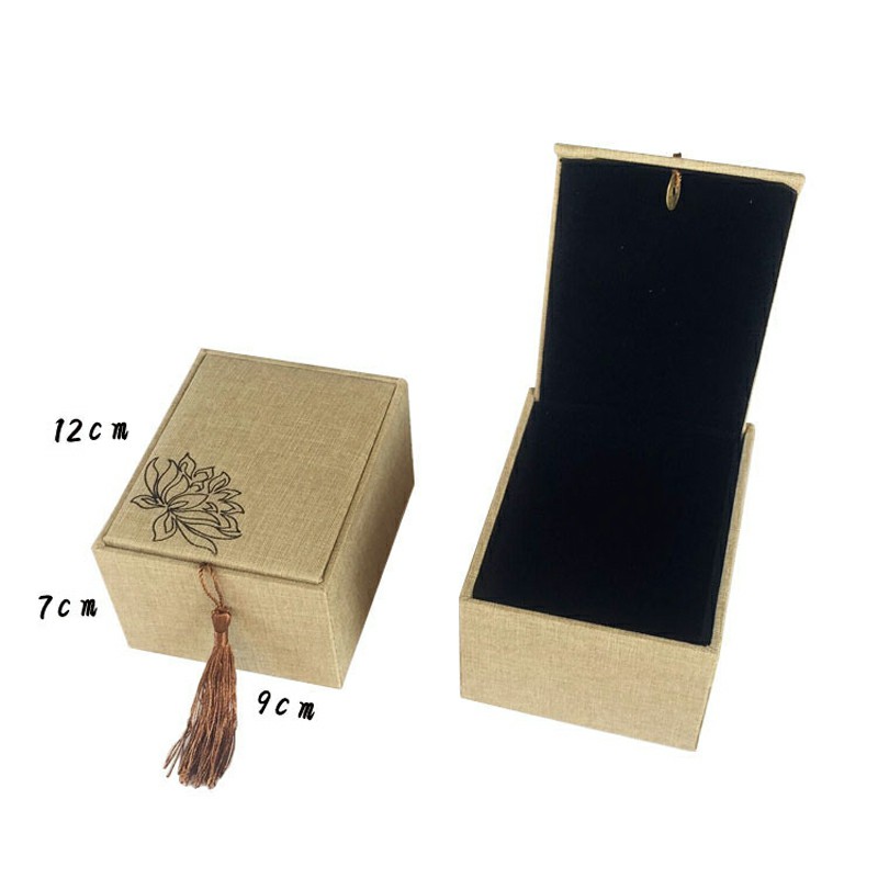 Tassel Linen jewelry Storage Box Ring Necklace Bracelet Box Rectangular Retro Flax Screen Calligraphy Ring Organizer Display Gift Box-image-499473293
