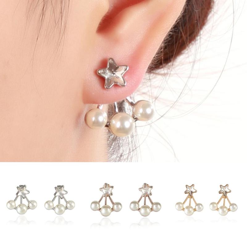 

Stud Women Faux Pearl Star Rhinestone Ear Jacket Evening Party Earrings Jewelry Gift