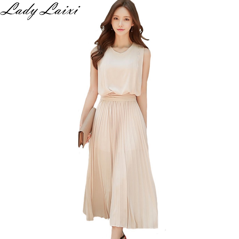 

Vintage Sleeveless Pleated Dresses 2020 Summer High quality Solid color Retro Office Wear Bandage Chiffon Dresses, Black
